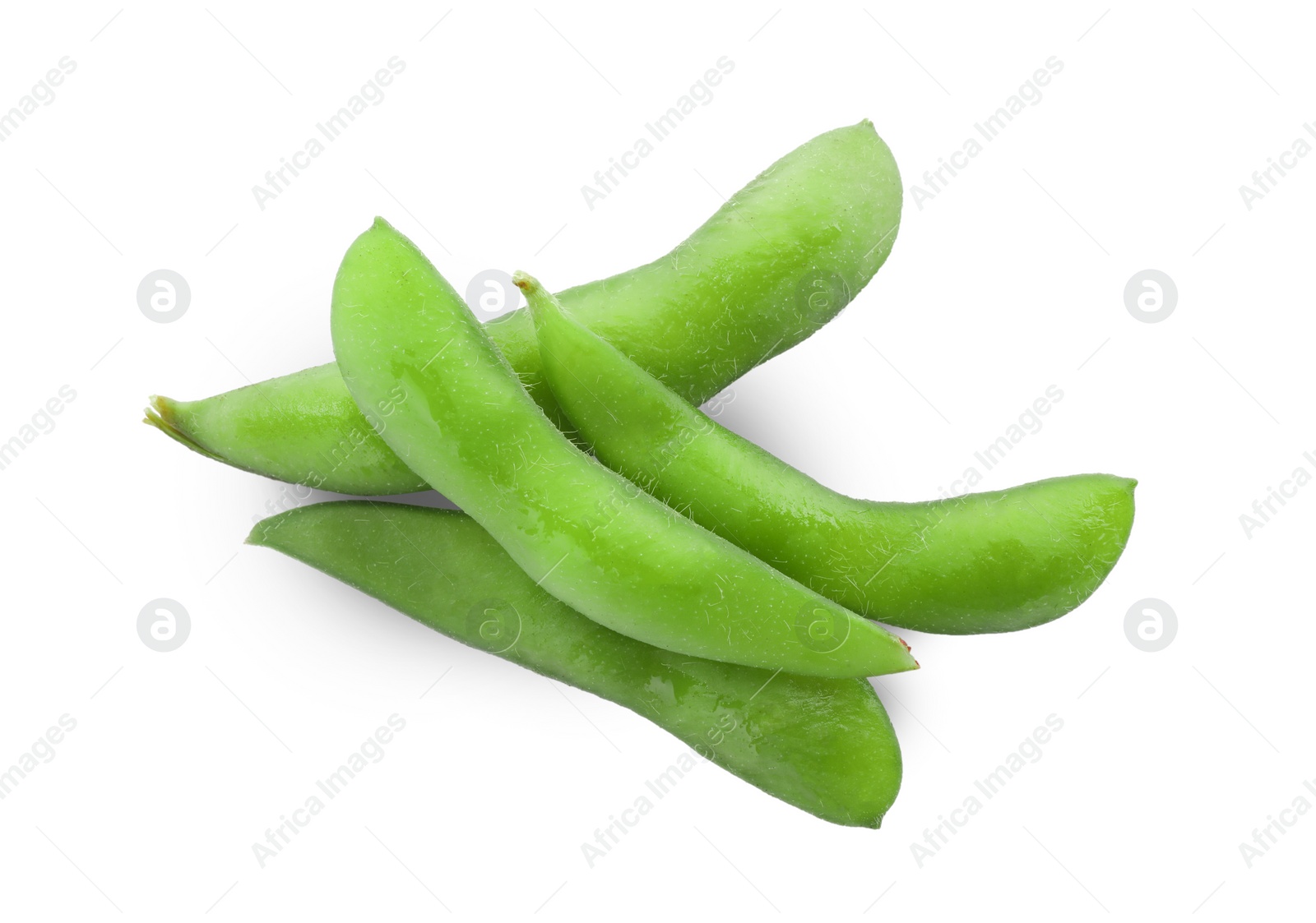 Photo of Raw green edamame pods on white background