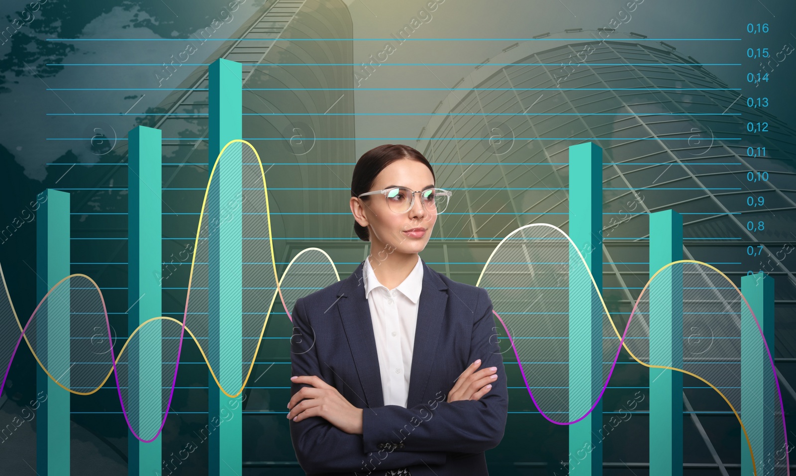 Image of Financial charts, businesswoman and modern building on background. Stock exchange trading