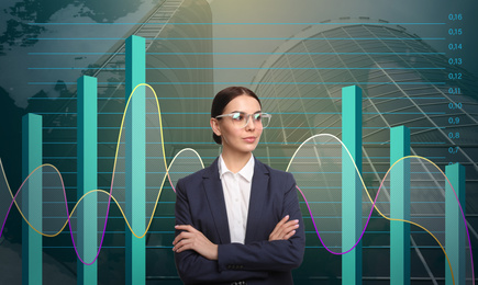 Financial charts, businesswoman and modern building on background. Stock exchange trading