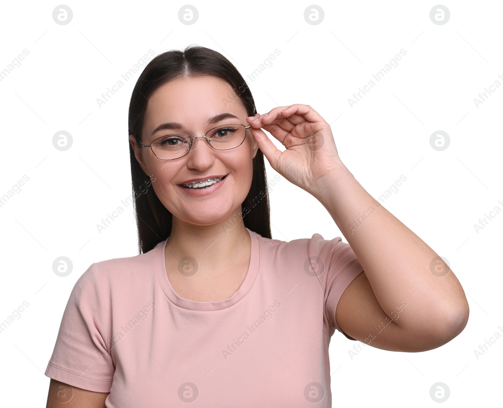 Photo of Beautiful woman with glasses on white background