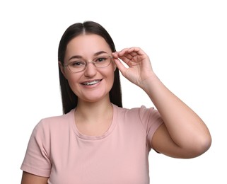 Photo of Beautiful woman with glasses on white background