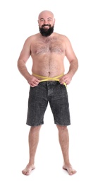 Photo of Full length portrait of fat man with measuring tape on white background. Weight loss