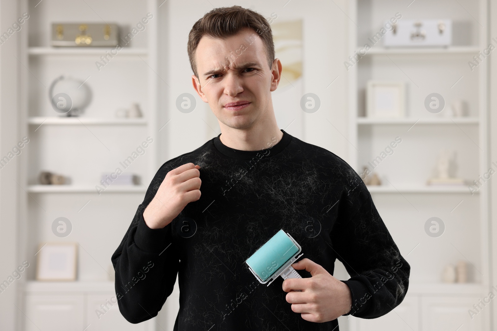 Photo of Pet shedding. Disgusted man with lint roller removing dog's hair from sweater at home