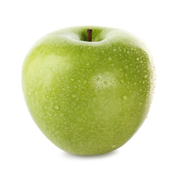 Photo of Fresh juicy green apple with water drops isolated on white