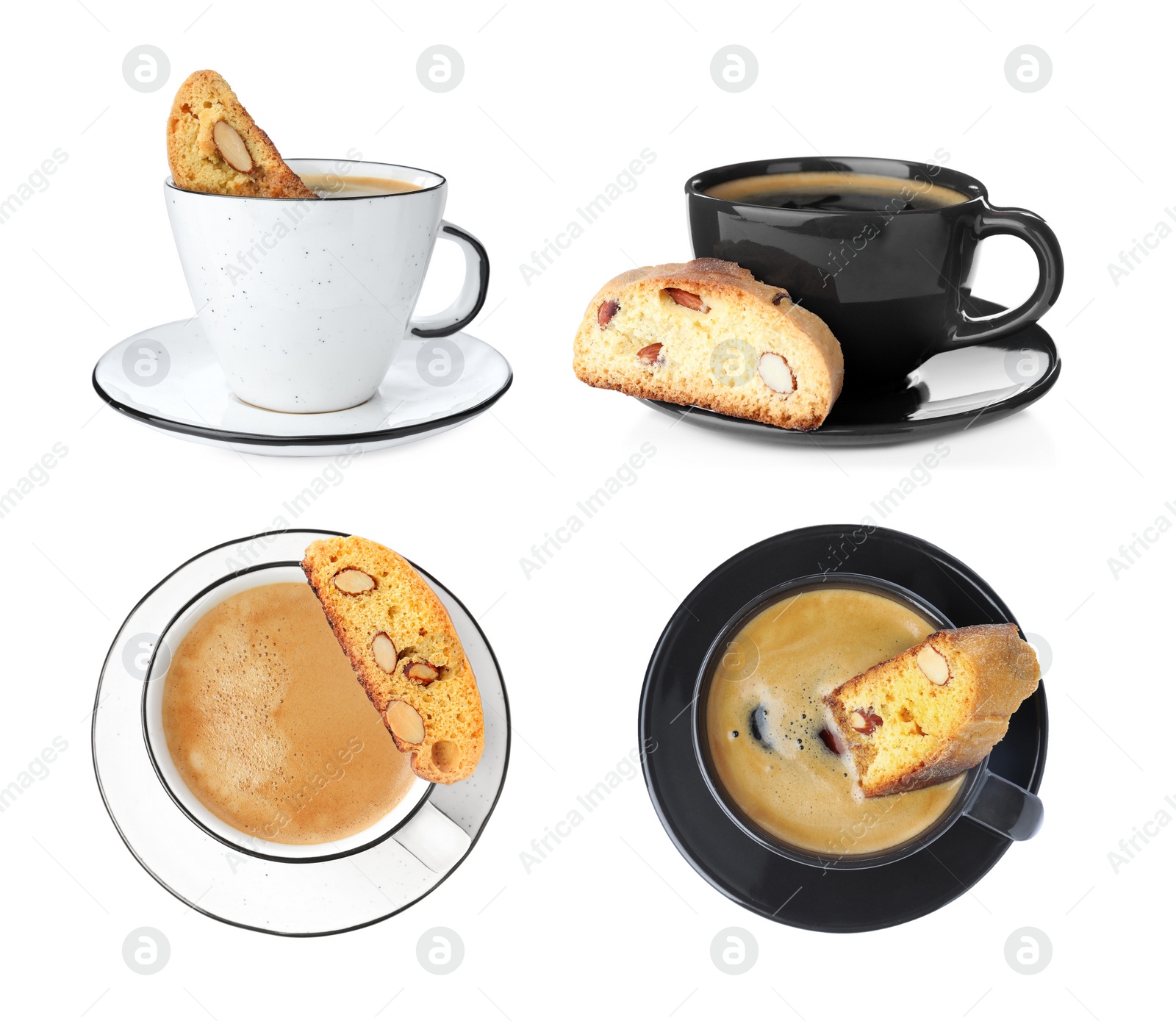 Image of Set with tasty cantucci and cups of aromatic coffee on white background. Traditional Italian almond biscuits