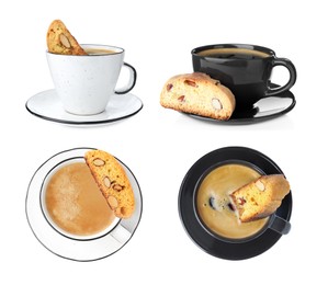 Image of Set with tasty cantucci and cups of aromatic coffee on white background. Traditional Italian almond biscuits