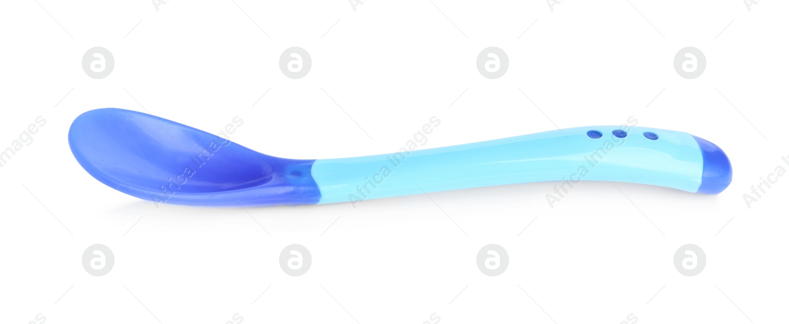 Photo of Small plastic spoon isolated on white. Serving baby food