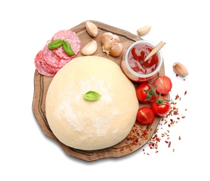 Photo of Ingredients for tasty pizza on white background, top view