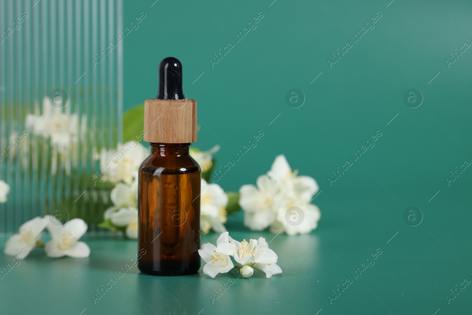 Photo of Essential oil in bottle and beautiful jasmine flowers on green background, space for text