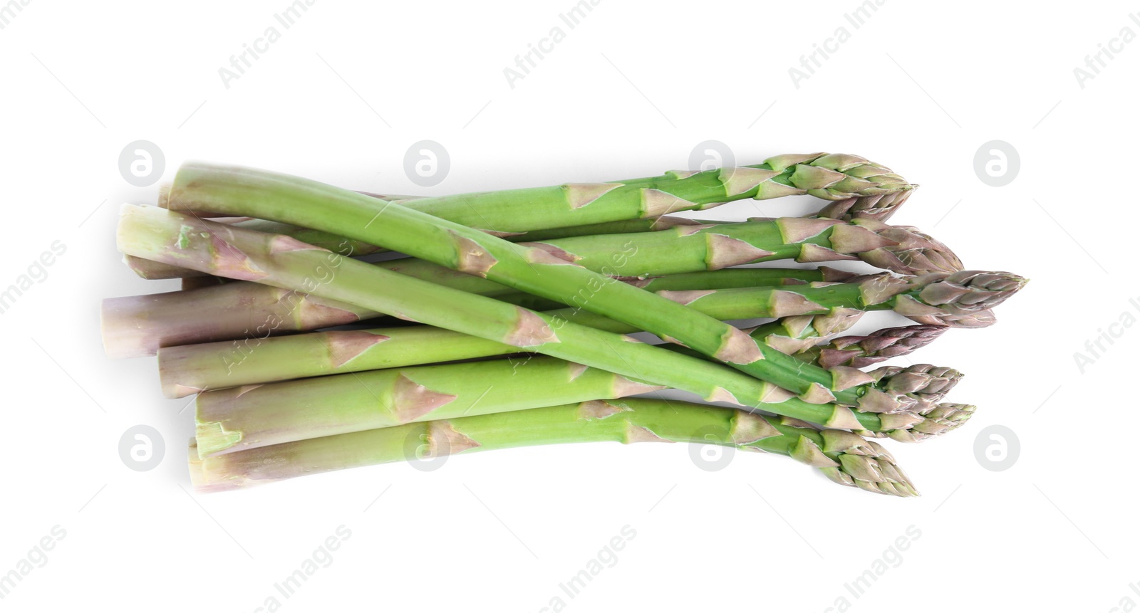 Photo of Fresh raw asparagus isolated on white, top view