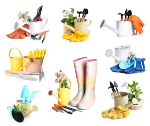 Set with watering cans and different gardening tools on white background