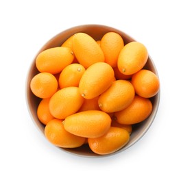 Fresh ripe kumquats in bowl on white background, top view