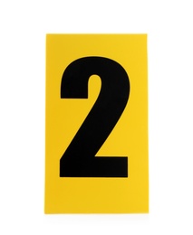Yellow crime scene marker with number two on white background