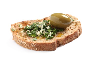 Photo of Tasty bruschetta with oil, garlic and olive isolated on white