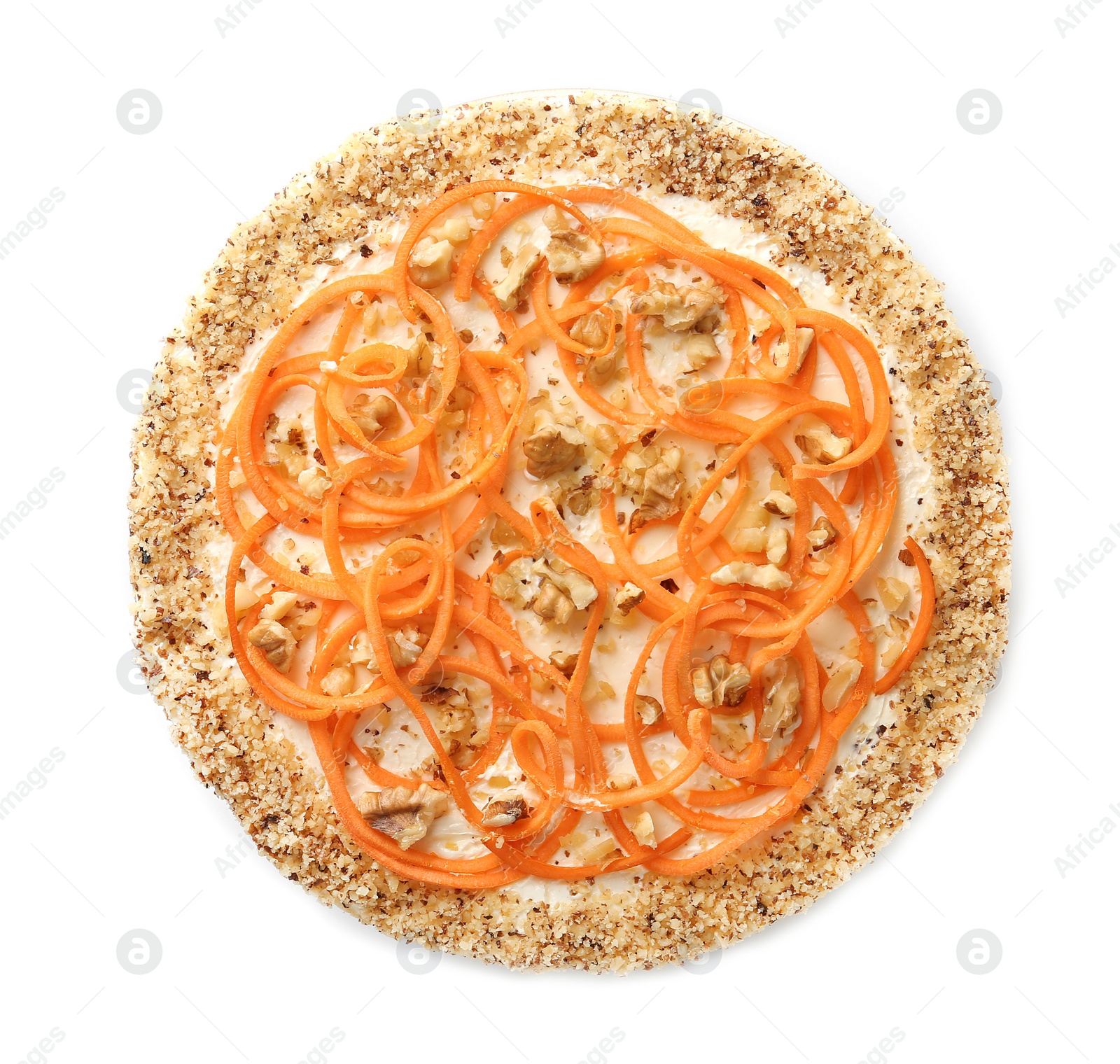 Photo of Dish with delicious carrot cake on white background, top view