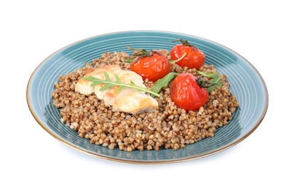 Photo of Delicious buckwheat porridge with meat and tomatoes on white background