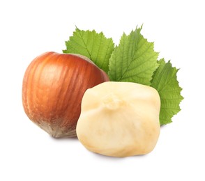 Tasty hazelnuts and green leaves on white background