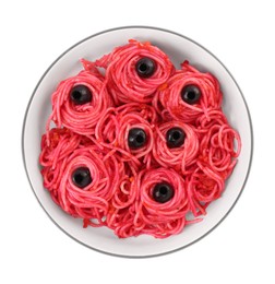 Photo of Red pasta with olives in bowl isolated on white, top view. Halloween food