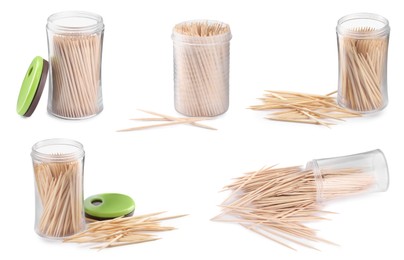 Set with wooden toothpicks on white background 