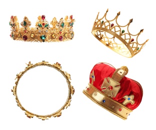 Set of crowns with gemstones on white background 