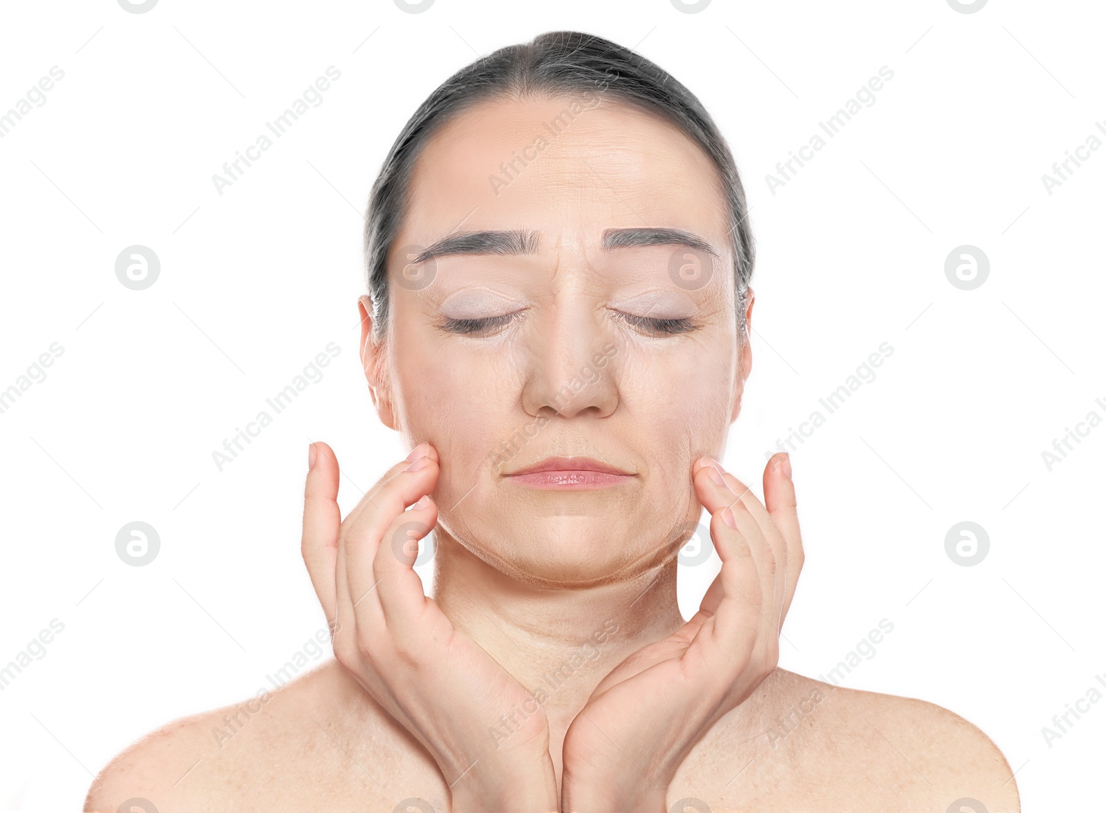 Image of Portrait of senior woman on white background