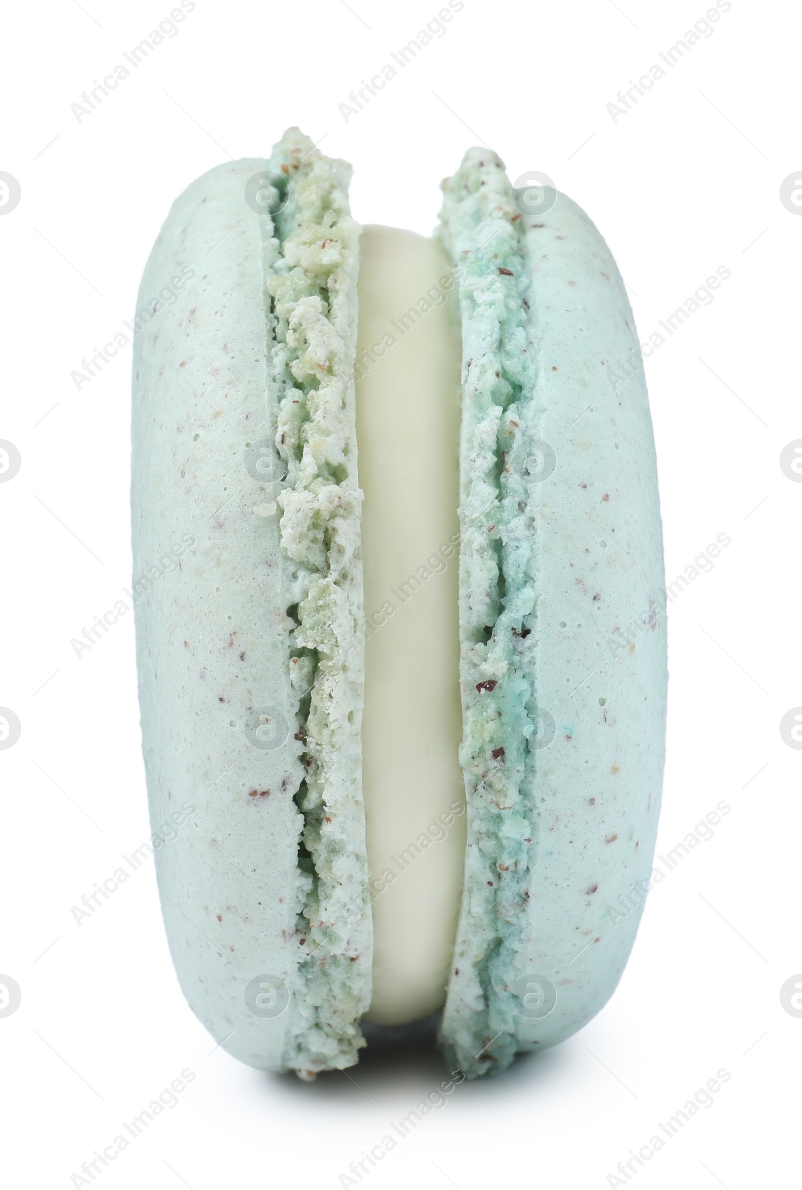 Photo of Light blue macaron isolated on white. Delicious dessert