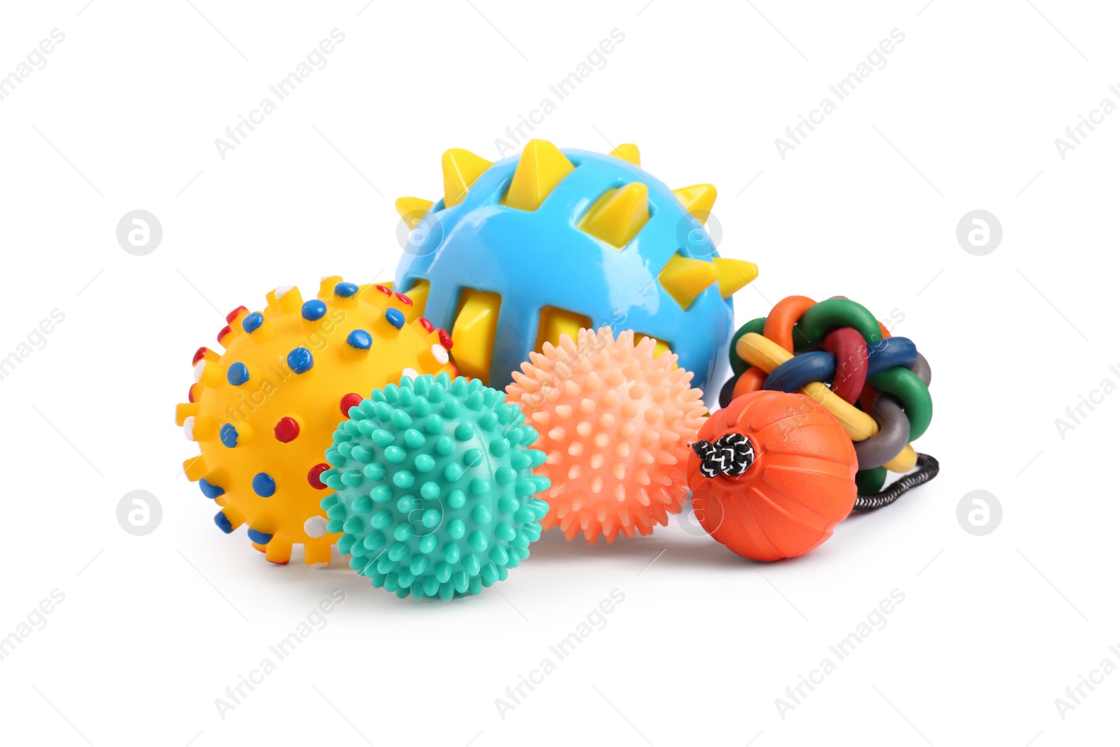 Photo of Different bright pet toys on white background. Shop assortment