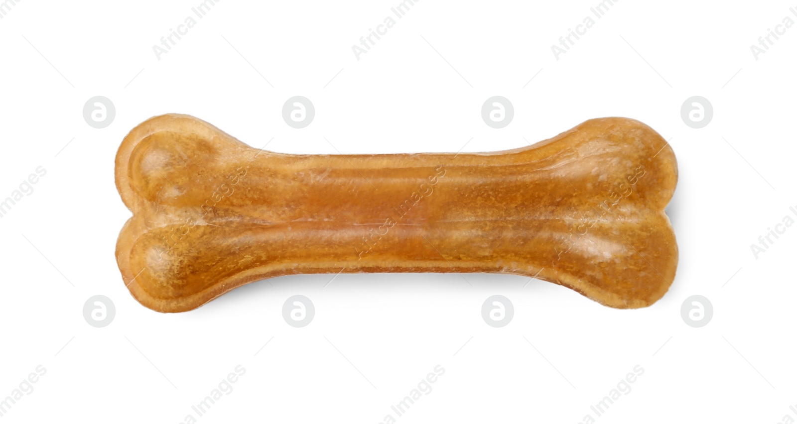 Photo of Bone dog treat on white background, top view