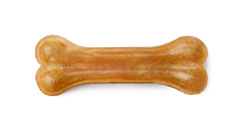 Photo of Bone dog treat on white background, top view