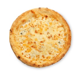 Photo of Delicious cheese pizza isolated on white, top view