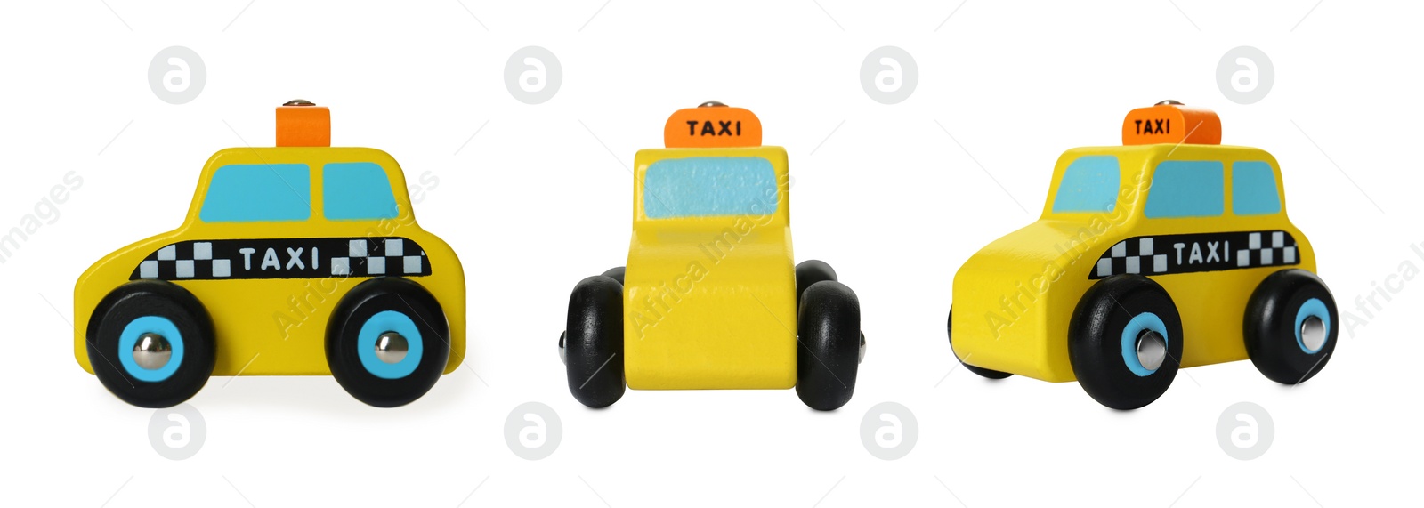 Image of Taxi car isolated on white, different angles. Collage design with children's toy