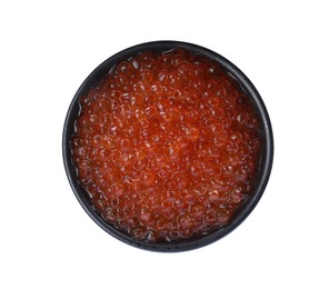 Photo of Bowl of delicious red caviar isolated on white, top view