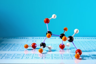 Photo of Molecular model on periodic table against light blue background