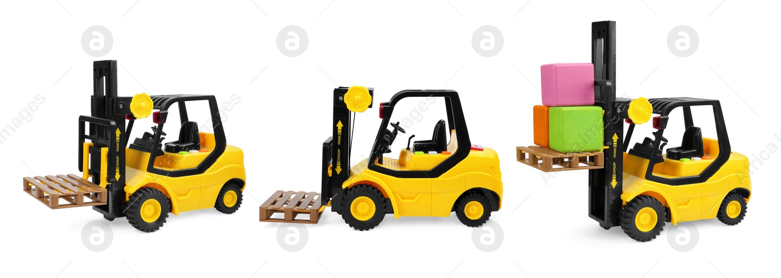 Image of Yellow forklift isolated on white, different angles. Collage design with children's toy