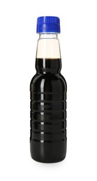 Tasty soy sauce in bottle isolated on white