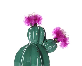 Trendy cactus shaped ceramic vase with flowers on white background