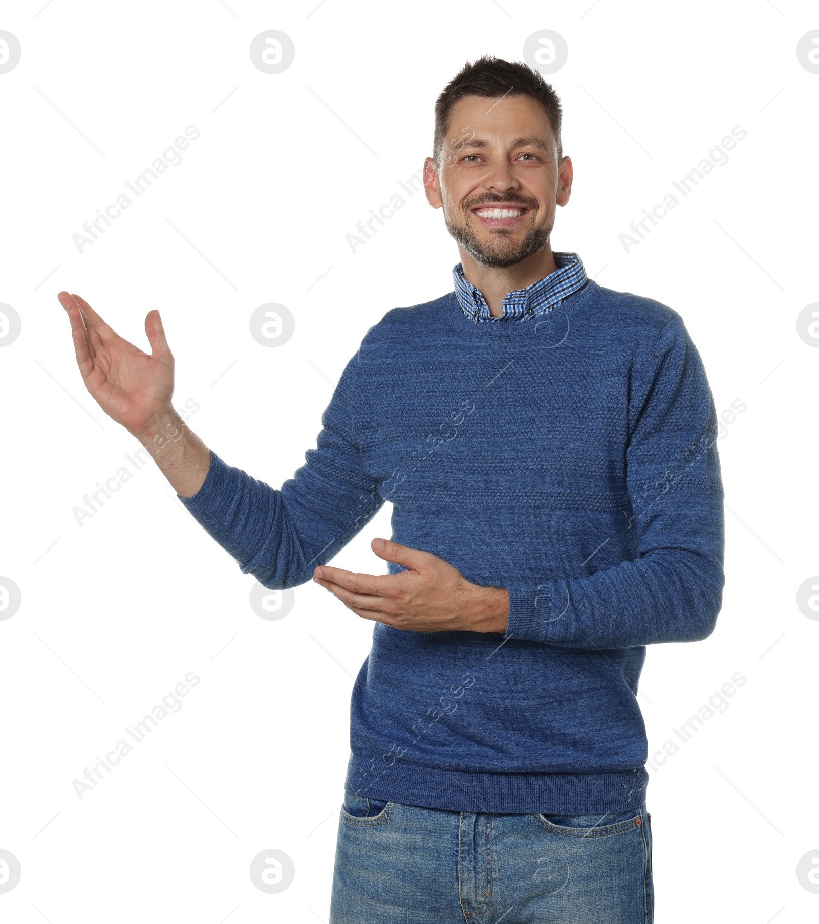 Photo of Handsome man gesturing on white background. Weather forecast reporter