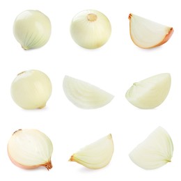 Image of Collage with fresh onions on white background