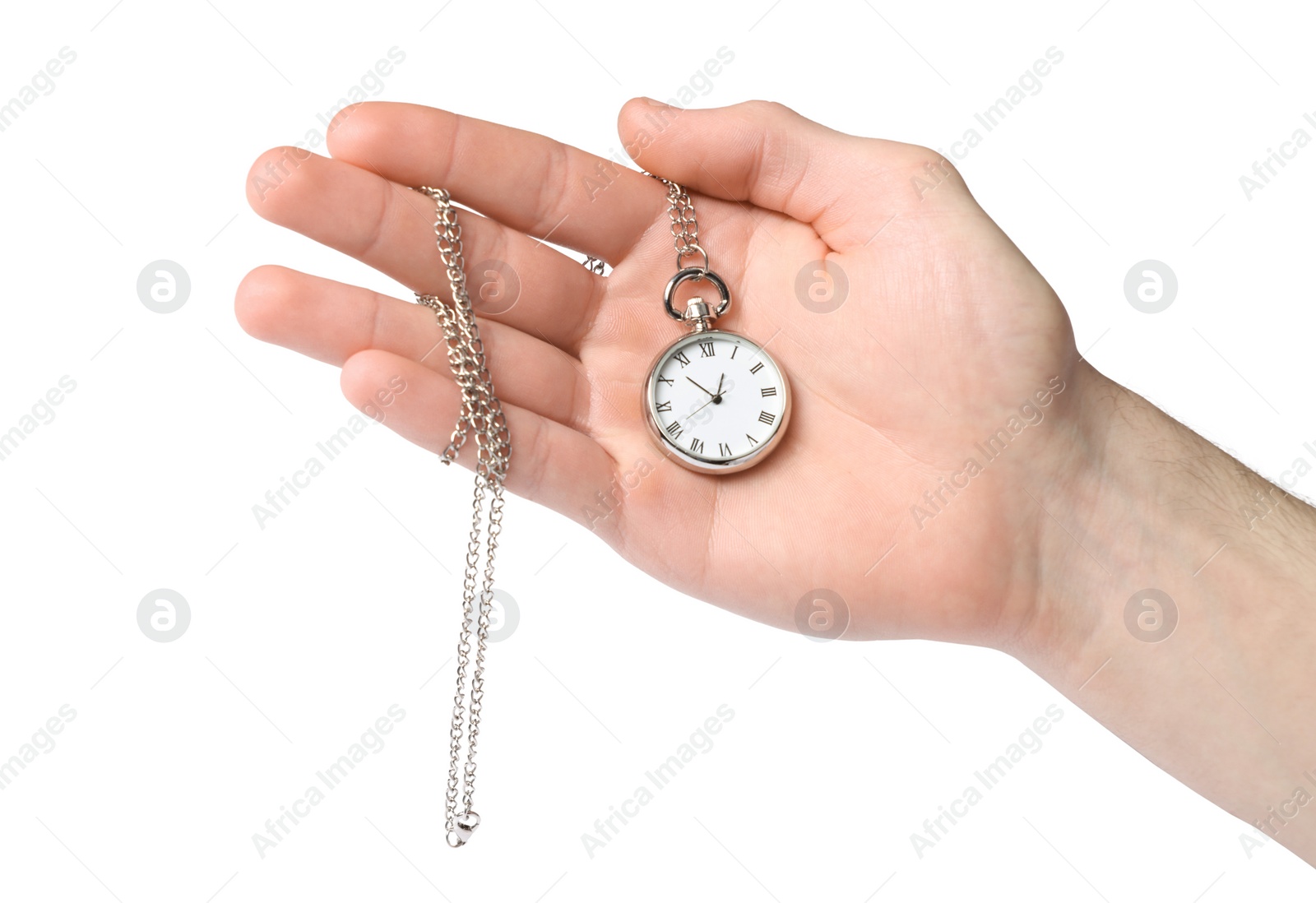 Photo of Man holding chain with elegant pocket watch on white background, closeup