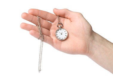 Man holding chain with elegant pocket watch on white background, closeup