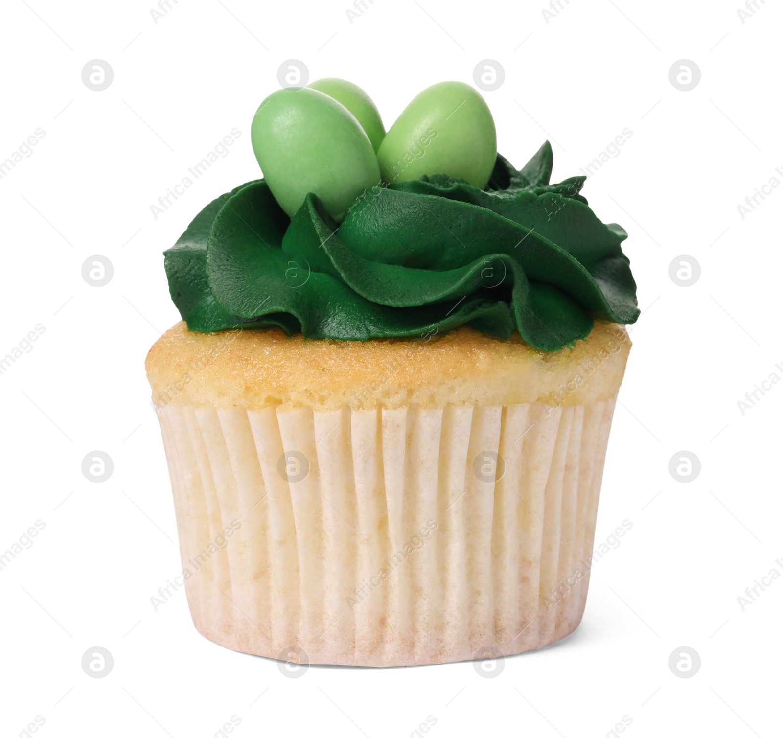 Photo of Tasty decorated Easter cupcake isolated on white