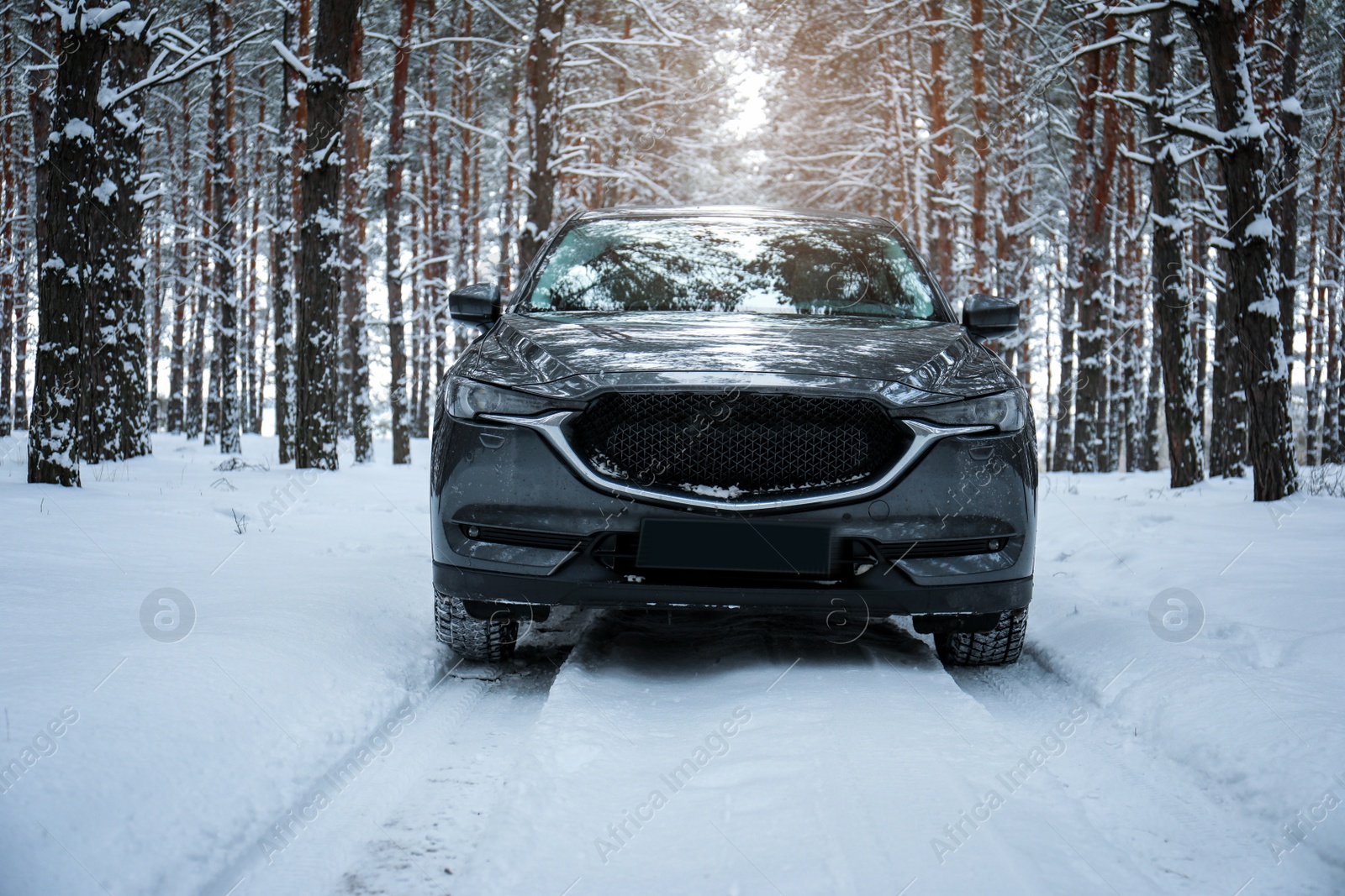 Photo of Snowy country road with car on winter day