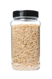 Photo of Brown rice in jar, isolated on white. Mock up for design