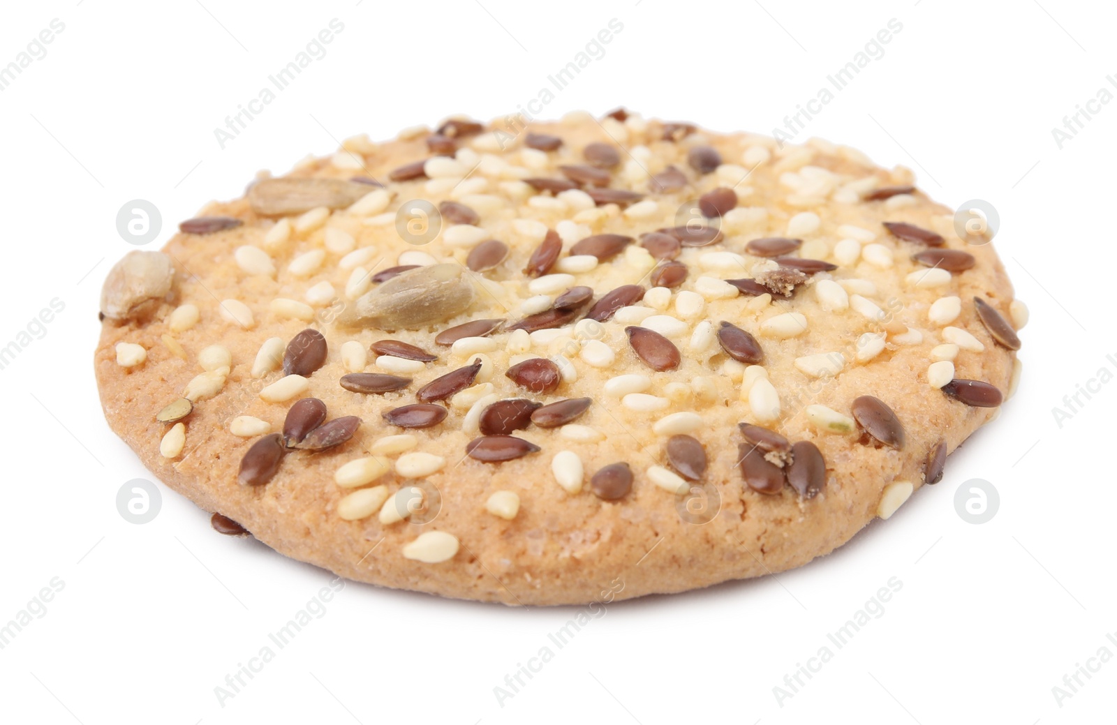 Photo of Round cereal cracker with flax, sunflower and sesame seeds isolated on white