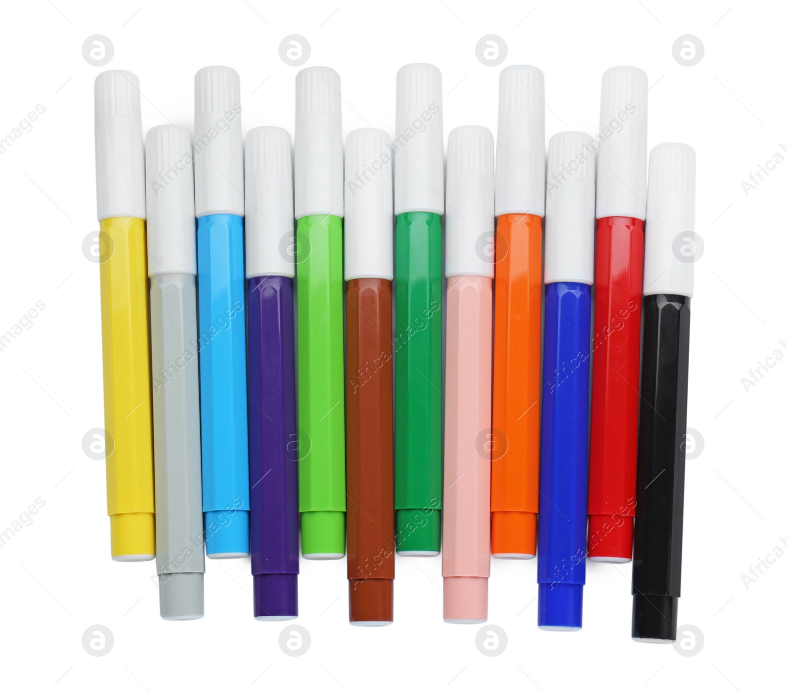 Photo of Many different colorful markers on white background, top view