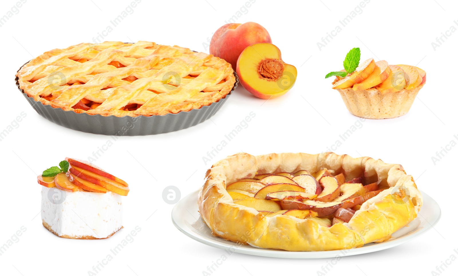 Image of Collage with delicious peach desserts on white background