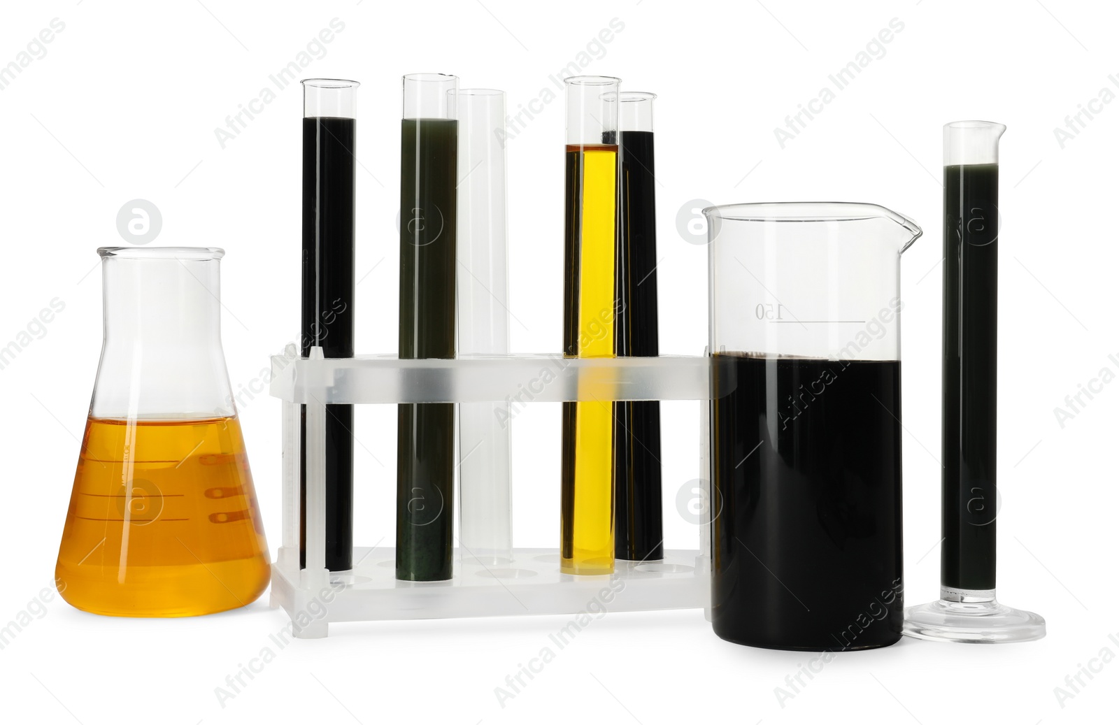 Photo of Test tubes, beaker and flask with different types of oil isolated on white