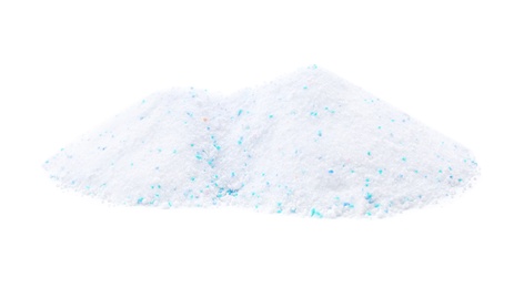 Pile of laundry detergent on white background