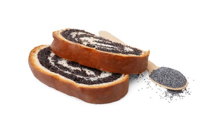 Photo of Slices of poppy seed roll and spoon isolated on white. Tasty cake