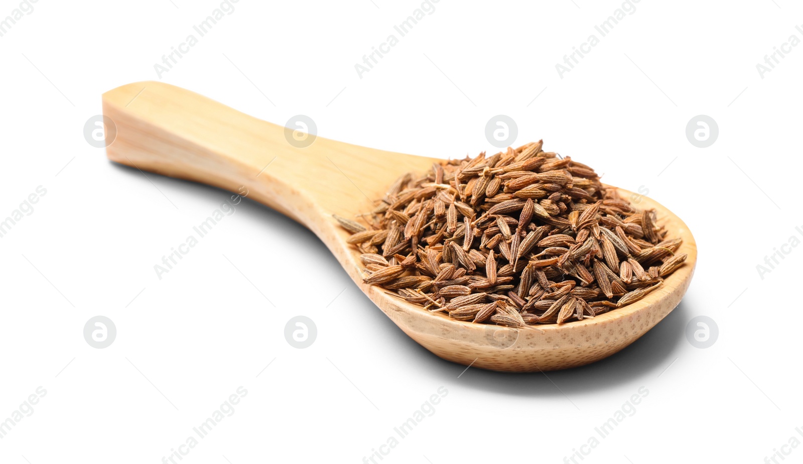 Photo of Spoon of aromatic caraway (Persian cumin) seeds isolated on white